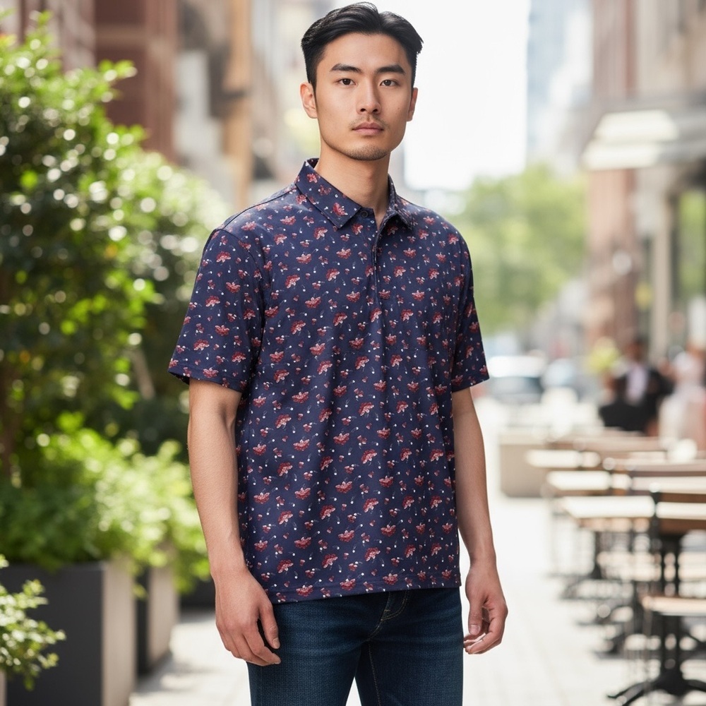 Roundtree & Yorke BEER PONG PATTERN Blue and Red Polo Shirt